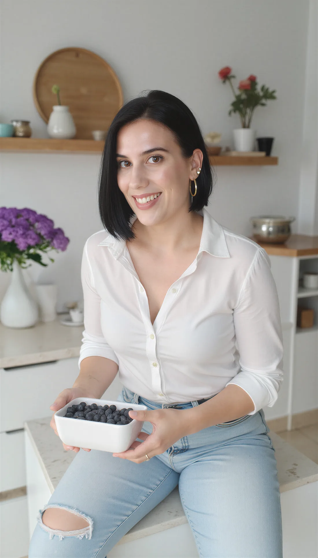 Noemí García con un bol de arándanos en una cocina